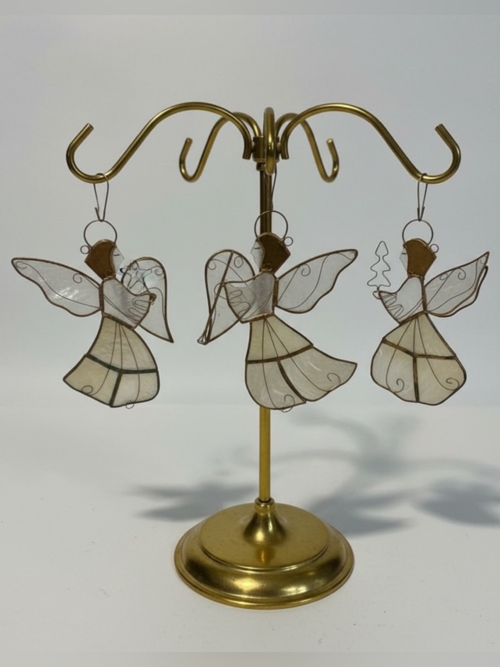 Vintage Capiz Shell Angel Ornaments Set of 3 – Brass Wire – Trumpet Star Tree